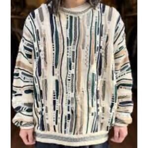 Vintage Croft & Barrow Men's 3D Sweater 90's Cream Tan Green XL Textured Cosby